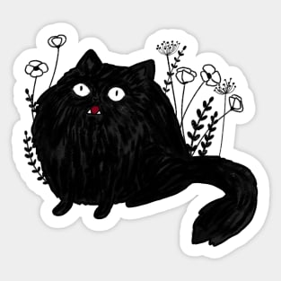 Funny fluffy black cat with flowers Sticker